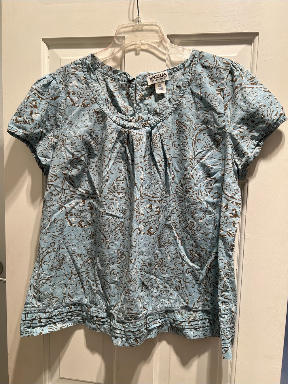 Magellan Sportswear Blue Brown Abstract Cotton Pleated Scoop Neck Blouse XXL